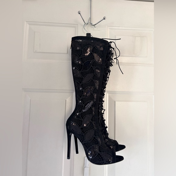 Schutz Black Sequin Embellished Open Toe Boots Size 7B - Picture 10 of 16